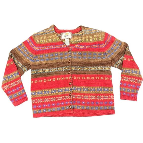 Vintage Lady’s Tiara Red & Brown Cardigan Sweater Size Petite Medium - Picture 1 of 8